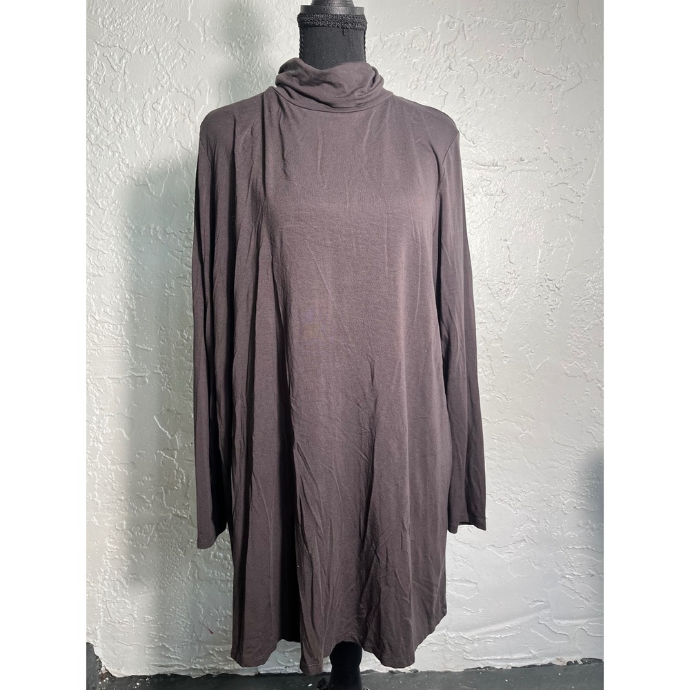 Eileen Fisher L Tencel Stretch Turtleneck Tunic Top Brown Minimalist